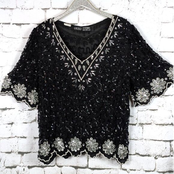 Megere Tops - VINTAGE MEGERE Art Deco Sequined Beaded Silk Blouse Glam Whimsygoth *XL